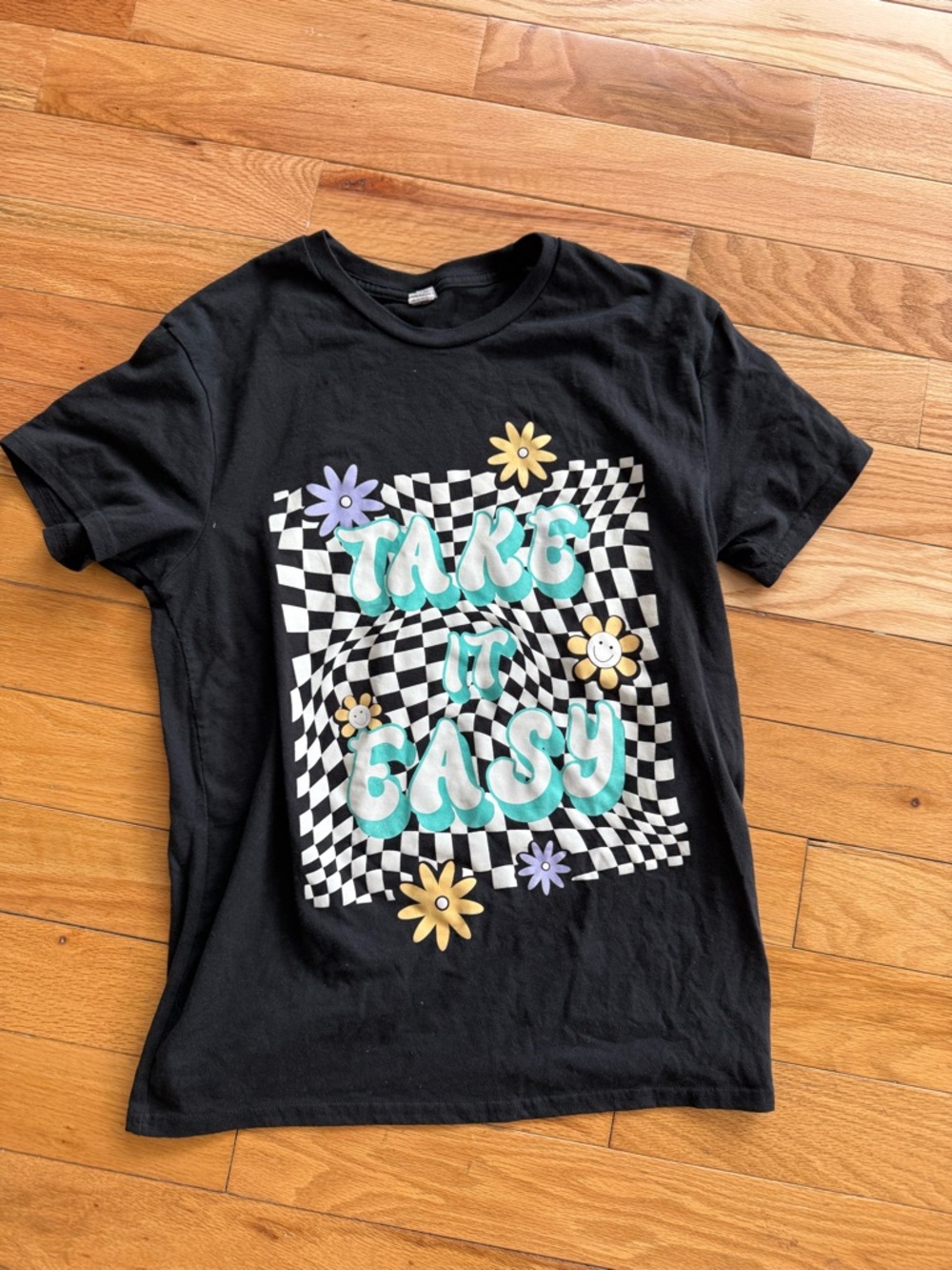 Take It Easy Graphic Tee - Black Floral Checkerboard